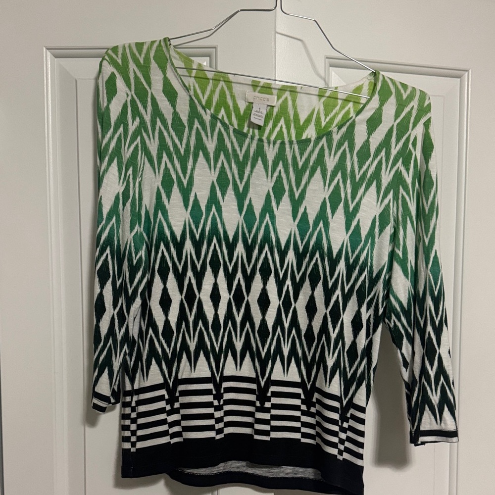 Chico's Green and Black Geometric Long Sleeve Top